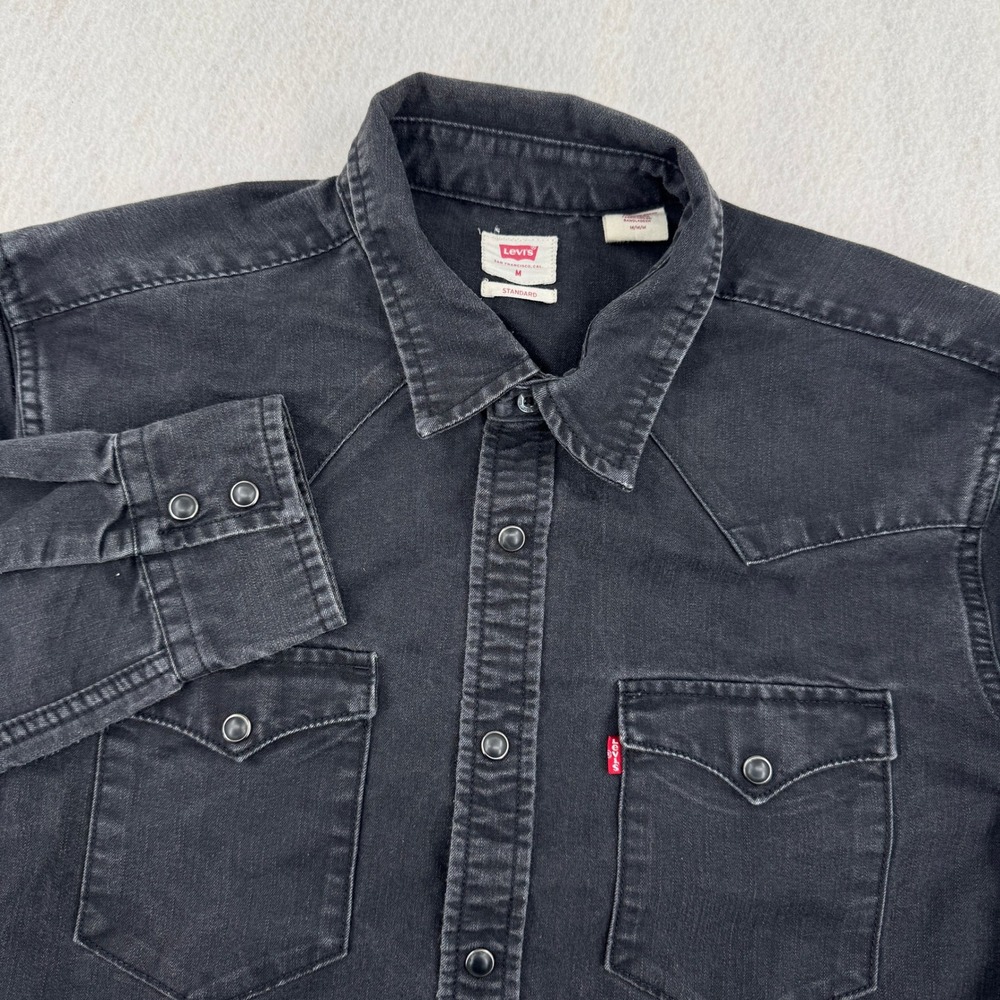 Levis Mens M Black Denim Black Pearl Snap Long Sleeve Shirt Western Workwear